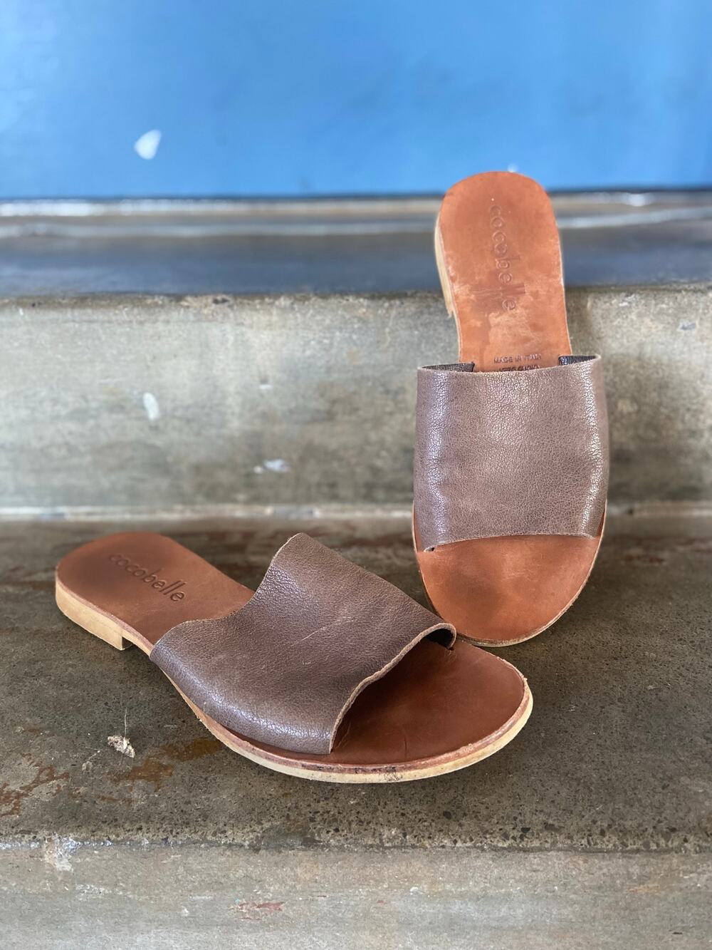Cocobelle dark taupe leather slide sandals